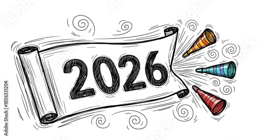Hand drawn scroll with 2026 and party poppers for New Year celebration.