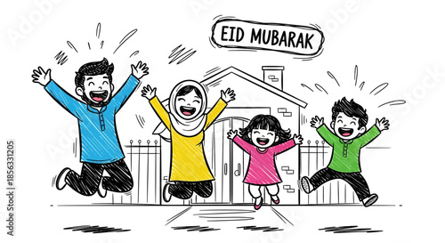 Happy Muslim Family Celebrating Eid Mubarak Together.