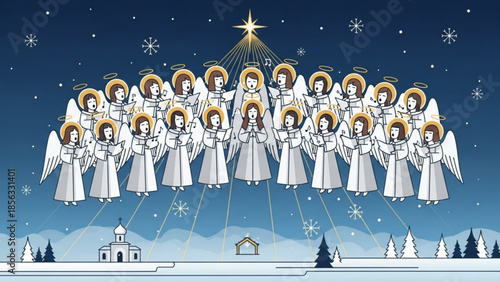 A group of angels in white robes singing in harmony under a starry night sky with a church and houses in the background during a serene winter scene