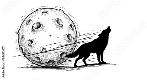 Silhouette of a wolf howling at a large moon.