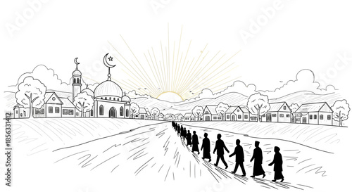 Muslims walking in a line towards a mosque.