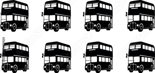 Set of Eight Classic British Double Decker Bus Silhouettes in Black and White Isolated for London Travel and Transport Design