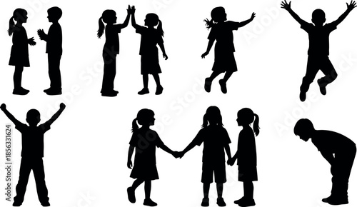 Silhouettes of happy children playing jumping high five and holding hands isolated on white background for childhood and friendship concepts
