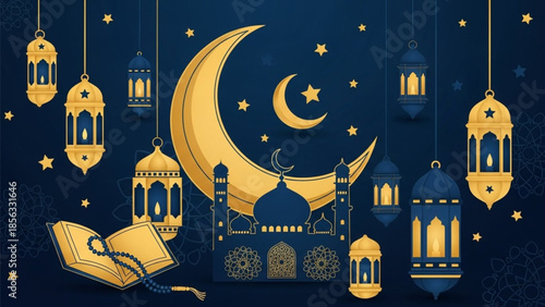 Ramadan Kareem Islamic Background with Crescent Moon, Mosque and Lanterns