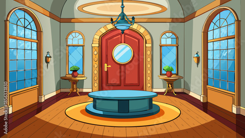 An elegantly designed cartoon room featuring arched windows, a prominent central round table, and a decorative red door, creating a welcoming atmosphere.