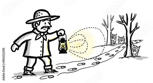 Man with Lantern Following Footprints in the Dark.