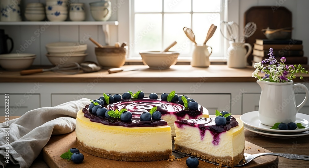 Naklejka premium Homemade blueberry cheesecake on kitchen counter