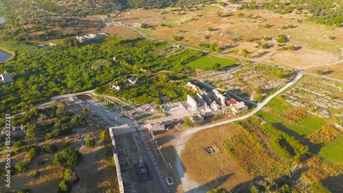 Gelemis, Turkey. Aerial view of Colonnaded Street, Vespasian Baths, Central Baths and Agora in Patara Ancient City, Lycian capital archaeological site. Aerial View