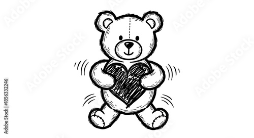 Cute teddy bear holding a heart symbol, a drawing illustration.