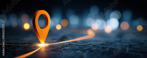Glowing orange map pin on a dark road with blurred city lights.