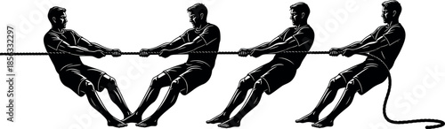 Strength in Unity Silhouette Illustration of Four Men Pulling a Rope in Tug of War Competition for Teamwork and Success