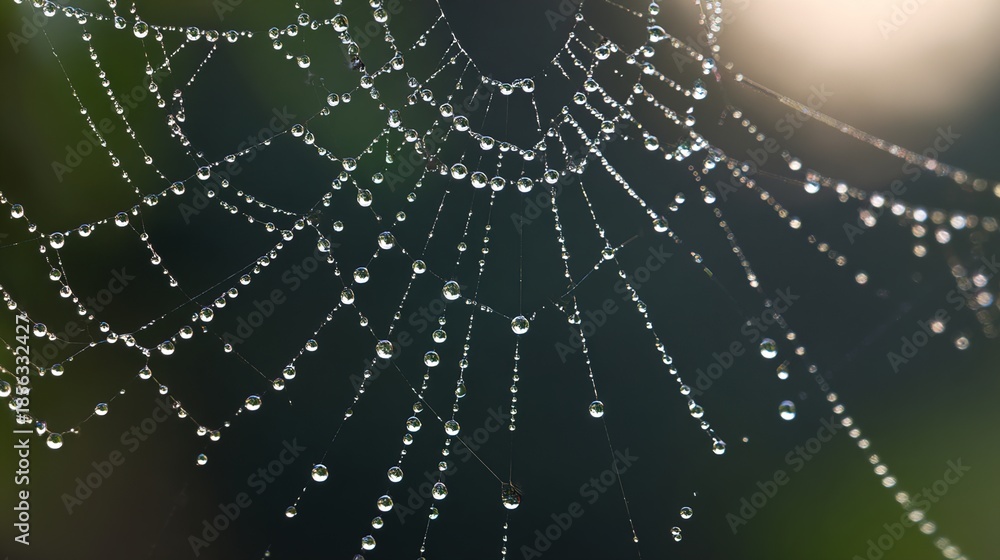 Fototapeta premium radial. Dew drops in a circular pattern along delicate spider web threads. wildlife magazines, conservation campaigns, designed for wildlife conservation campaigns, supports conservation.