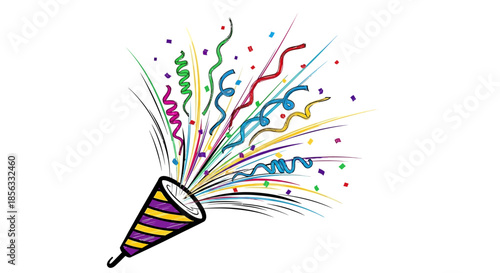 Celebratory Party Popper with Colorful Streamers and Confetti.