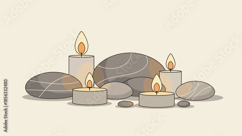 Illustration of burning candles and smooth stones, representing tranquility and relaxation.