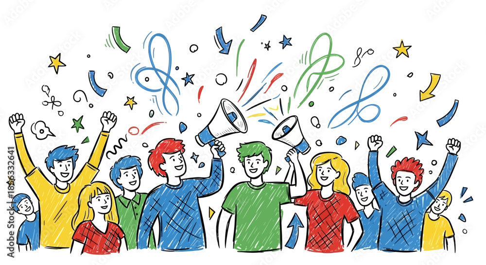 Obraz premium Diverse group of people celebrating with megaphones and confetti.