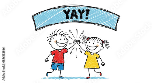 Two happy children celebrating success with a high five gesture under a banner.