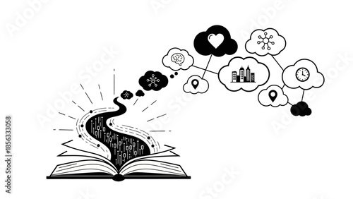 Open book with winding path leading to abstract thought bubbles and interconnected concepts.