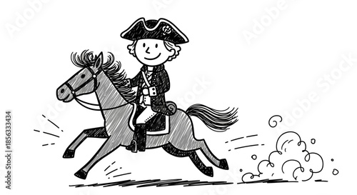 Cartoon of a historical figure riding a horse.