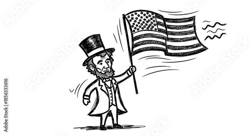 Abraham Lincoln holding American flag cartoon illustration.
