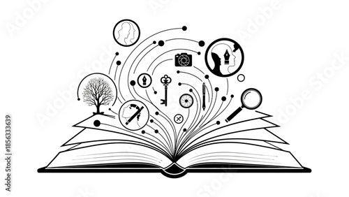 Open book with creative ideas and knowledge symbols flowing out, representing education and inspiration.
