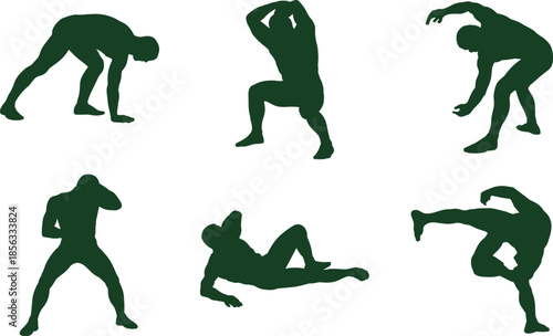 Dark green human silhouettes in expressive dynamic poses showing stretching, squatting, high kick, leaning, reclining and athletic body movement illustration
