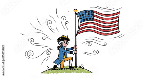 Patriotic figure raising American flag with determination and focus.