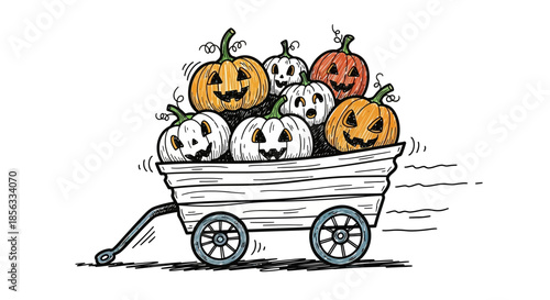 Hand drawn illustration of a wagon full of pumpkins for Halloween.