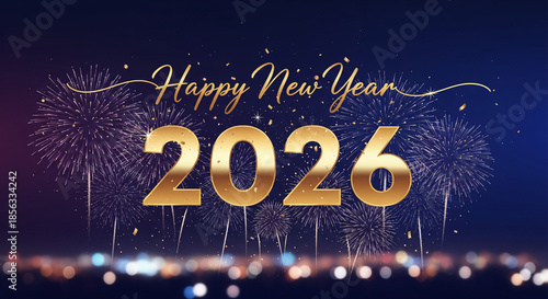 Happy New Year 2026 Greeting Card with Festive Fireworks and Bokeh Lights