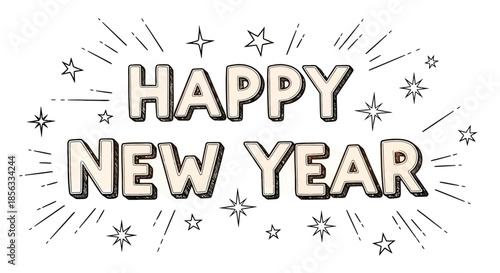 Happy New Year text with stars and celebratory bursts.