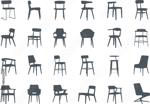 Collection of 25 diverse chair silhouettes in grid layout showcasing armchairs, bar stools, dining chairs, lounge seating and furniture design styles