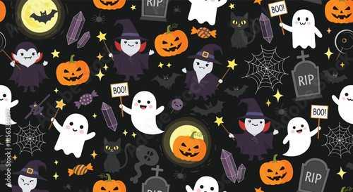 Cute and spooky seamless Halloween pattern with little ghosts, vampires, witches, black cats, and jack-o'-lanterns on a dark background.