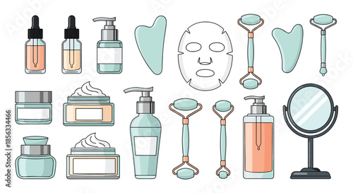Extensive collection of skincare and beauty tools, including serums, creams, face masks, gua sha stones, and jade rollers for a daily routine.