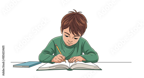 Focused young boy with brown hair sitting at a desk and diligently writing or drawing in an open notebook with a pencil in his hand.