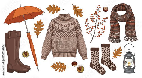 Cozy autumn essentials collection including a warm sweater, boots, umbrella, scarf, socks, and a lantern, isolated on a white background.