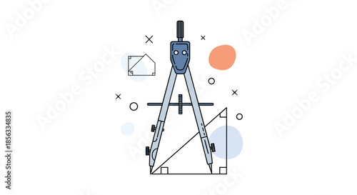 Educational concept illustration of a drawing compass used for geometry, surrounded by abstract shapes and mathematical figures on a white background.