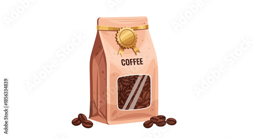Realistic paper bag package of roasted coffee beans with a transparent window and a golden seal, isolated on a clean white background.