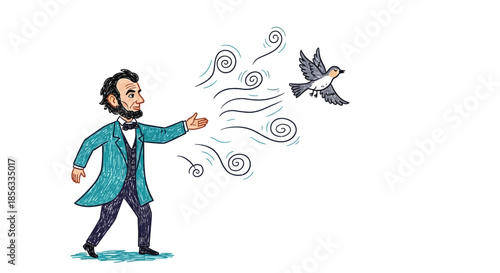 Abraham Lincoln releasing a bird into the wind.