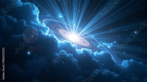 Deep space galaxy explosion with intense volumetric light beams in space