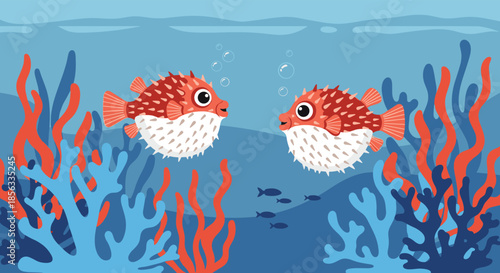 Underwater scene with two cute pufferfish swimming among vibrant red and blue coral reefs in the deep blue ocean water.