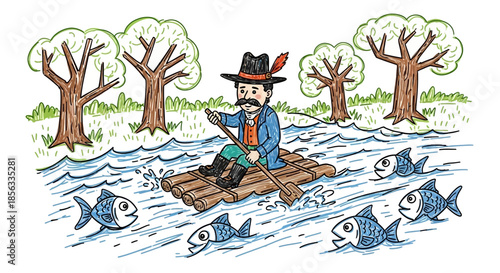 Man on Raft Surrounded by Fish Illustration.
