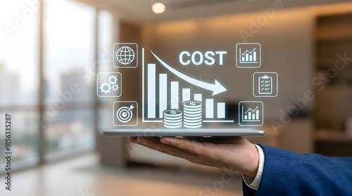 Hand holding tablet with cost reduction graph and downward arrow,concept of cutting business expenses,financial budget crisis management,economic recession strategy,saving money plan.