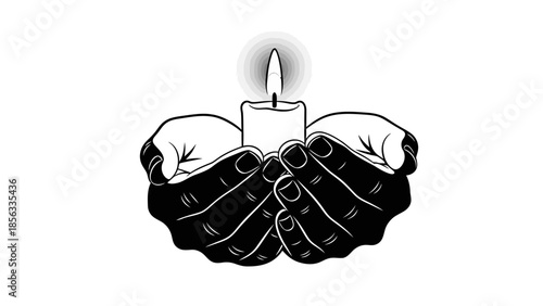Hands holding a burning candle, symbolizing hope, remembrance, and peace in black and white.
