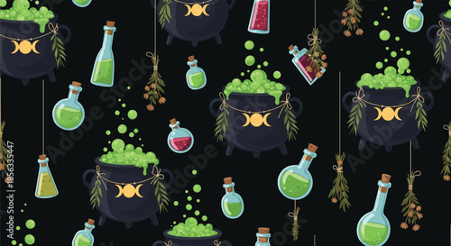 Magical seamless witchy pattern with bubbling cauldrons, potion bottles, and hanging dried herbs on a spooky dark background for Halloween.