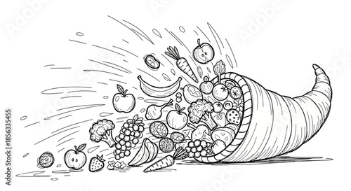 Cornucopia overflowing with fresh fruits and vegetables in a sketch style.