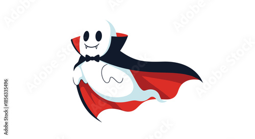 Cute cartoon ghost dressed as Dracula in a flowing black and red vampire cape, flying with a spooky smile for Halloween on a white background.