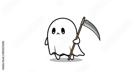 Sad but cute little ghost character holding a large scythe, resembling a tiny grim reaper, isolated on a clean white background for Halloween.