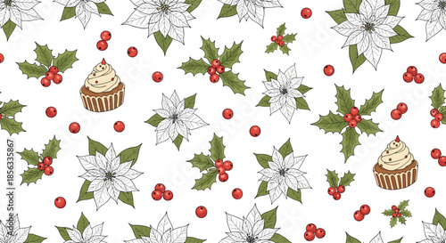 Festive seamless Christmas pattern with hand-drawn white poinsettia flowers, holly berries, and cupcakes on a clean white background.