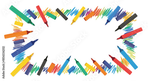 Colorful border frame made from various felt-tip markers and vibrant scribbles, with a blank central space for text or images.