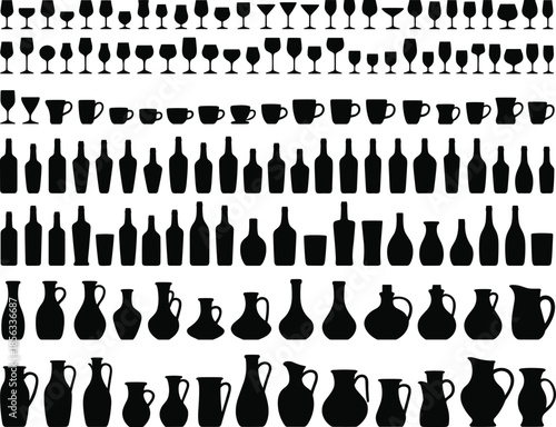 Silhouettes of diverse drinkware including wine glasses, cocktail glasses, mugs, cups, goblets, pitchers, and bottles, showcasing design variety