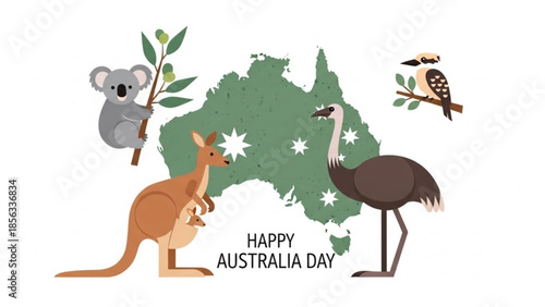 Happy australia day celebration with koala, kangaroo, joey, emu, and kookaburra on map with stars, national symbols and green continent